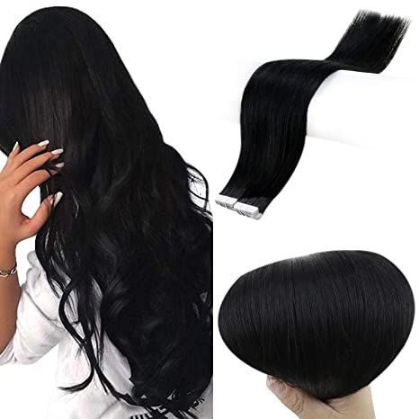 Full Shine Tape in Hair Extensions Human Hair 22 Inch Seamless Straight Hair Extensions Human Hair Color 1 Jet Black 100 Grams Real Hair Tape in Extensions 40 Pcs Glue in Extensions